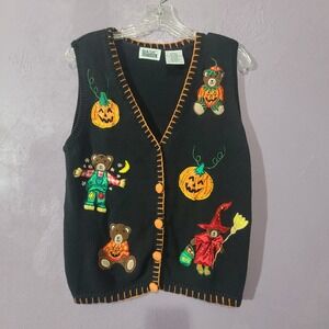 Basic Editions Black Halloween Bear Pumpkin‎ Embroidered Button Vest Women's S